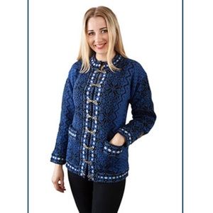 Windfjord Nordic-style blue, black and white lined wool coat